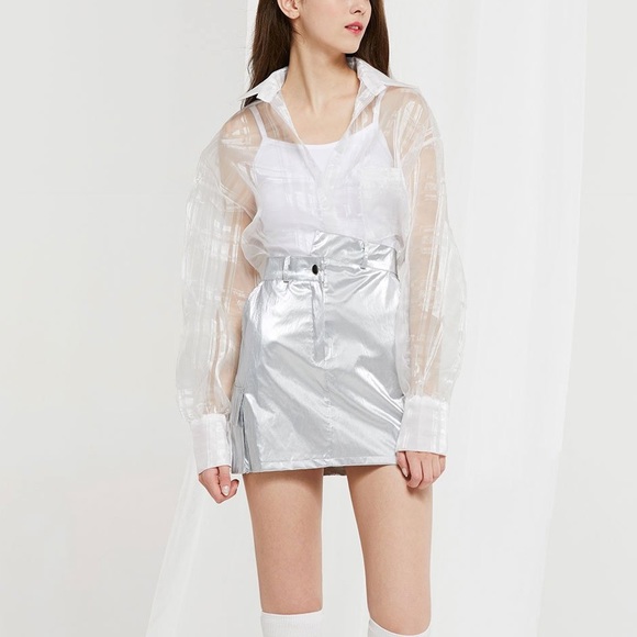 Storets Audrey plaid organza sheer collared shirt button up oversized - Picture 4 of 10